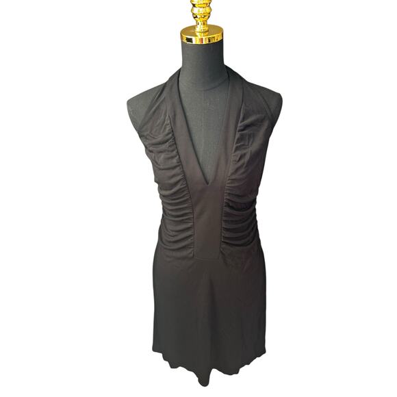 Vintage ABS by Allen Schwartz Black Ruched Halter Mini Dress – Size Medium - Picture 1 of 5